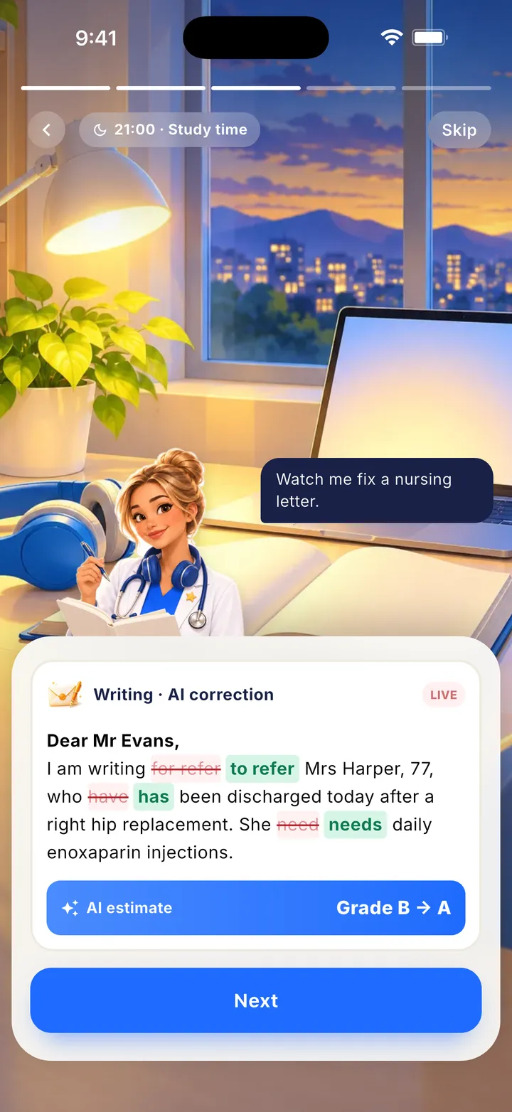 Writing practice with case notes and a letter